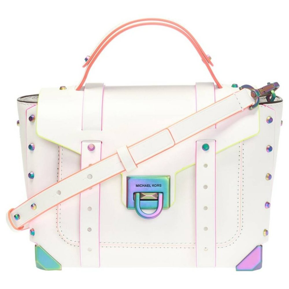 MICHAEL KORS MANHATTAN MEDIUM OPTIC WHITE NEON CROSSBODY SCHOOL SATCHEL BAG NWT! - Picture 3 of 15